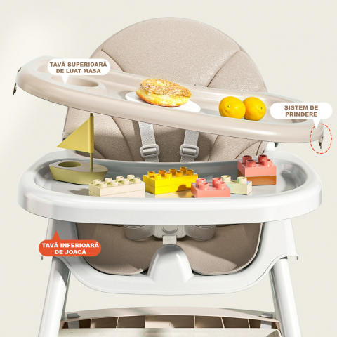 Scaun de masa bebe 4 in 1 FiGGA®, Varsta 6-72 luni, Scaun inalt pliabil, cu 4 roti, Balansoar, 2 x Tava detasabila, Centura de siguranta in cinci puncte, Crem [6]