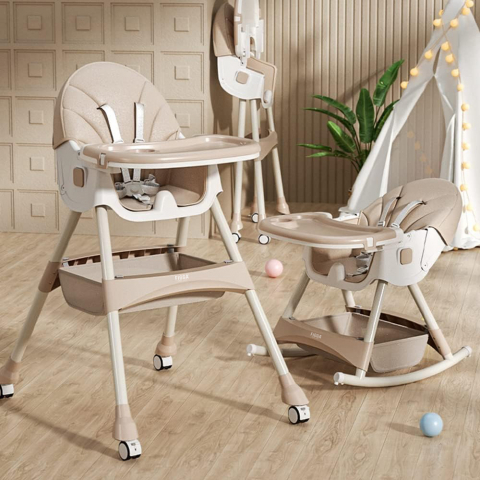 Scaune de masa bebe - Scaun de masa bebe 4 in 1 FiGGA®, Varsta 6-72 luni, Scaun inalt pliabil, cu 4 roti, Balansoar, 2 x Tava detasabila, Centura de siguranta in cinci puncte, Crem