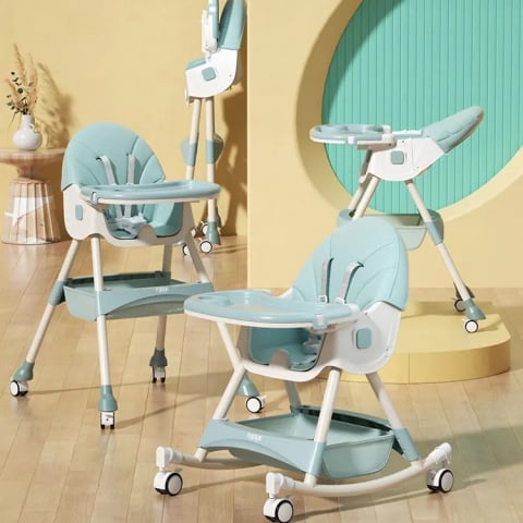 Scaune de masa bebe - Scaun de masa bebe 4 in 1 FiGGA®, Varsta 6-72 luni, Scaun inalt pliabil, cu 4 roti, Balansoar, 2 x Tava detasabila, Centura de siguranta in cinci puncte, Verde