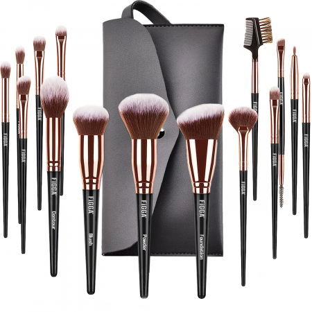 Pensule machiaj - Set 15 pensule machiaj FiGGA®, Profesionale, manere din lemn si aluminiu, gentuta depozitare, Negru-Auriu