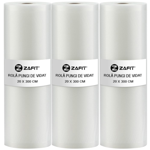 Aparate de vidat - Set 3 role pungi de vidat gofrate ZAFIT™, 20 x 300 cm, pentru aparat de vidat alimente, reutilizabile, rezistente, sous vide, lavabile in masina de spalat, fara BPA, transparent