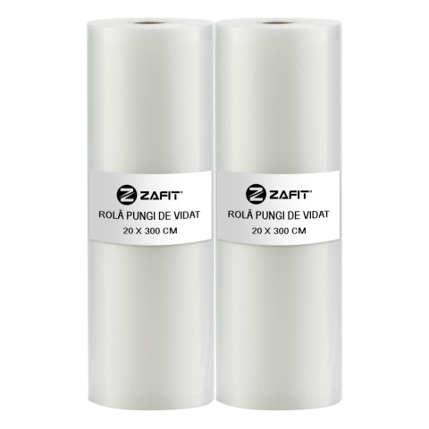 Aparate de vidat - Set 2 role pungi de vidat gofrate ZAFIT™, 20 x 300 cm, pentru aparat de vidat alimente, reutilizabile, rezistente, sous vide, lavabile in masina de spalat, fara BPA, transparent