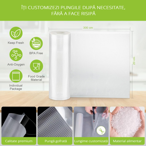 Set 4 role pungi de vidat gofrate ZAFIT™, 20 x 300 cm, pentru aparat de vidat alimente, reutilizabile, rezistente, sous vide, lavabile in masina de spalat, fara BPA, transparent [1]