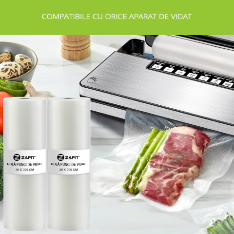 Set 4 role pungi de vidat gofrate ZAFIT™, 20 x 300 cm, pentru aparat de vidat alimente, reutilizabile, rezistente, sous vide, lavabile in masina de spalat, fara BPA, transparent [4]