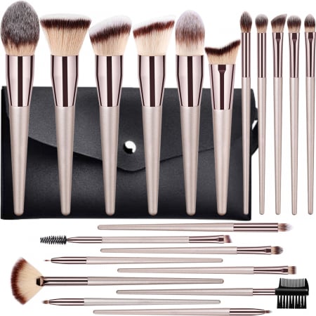 Pensule machiaj - Set 20 pensule machiaj FiGGA®, manere din lemn si aluminiu, trusa make-up profesional, gentuta depozitare