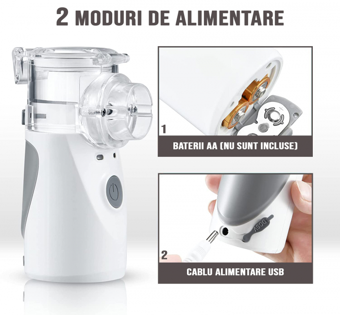 Apparecchio aerosol FIGGA® NEB-01, nebulizzatore per bambini e adulti, portatile, tecnologia Mesh, 2 livelli di potenza, silenzioso, alimentazione a batterie o rete con cavo da 2 m, colore bianco/grig [2]