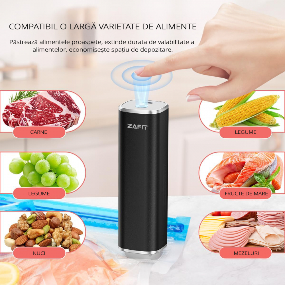 Aparat de vidat alimente ZAFIT™ PMP-01 aluminiu, 15 pungi de vidat incluse, Portabil, Tip pompa, Reincarcabil, Acumulator 800 mAh, Putere 5W, Debit 2.5l/min, cablu incarcare inclus, Negru [5]