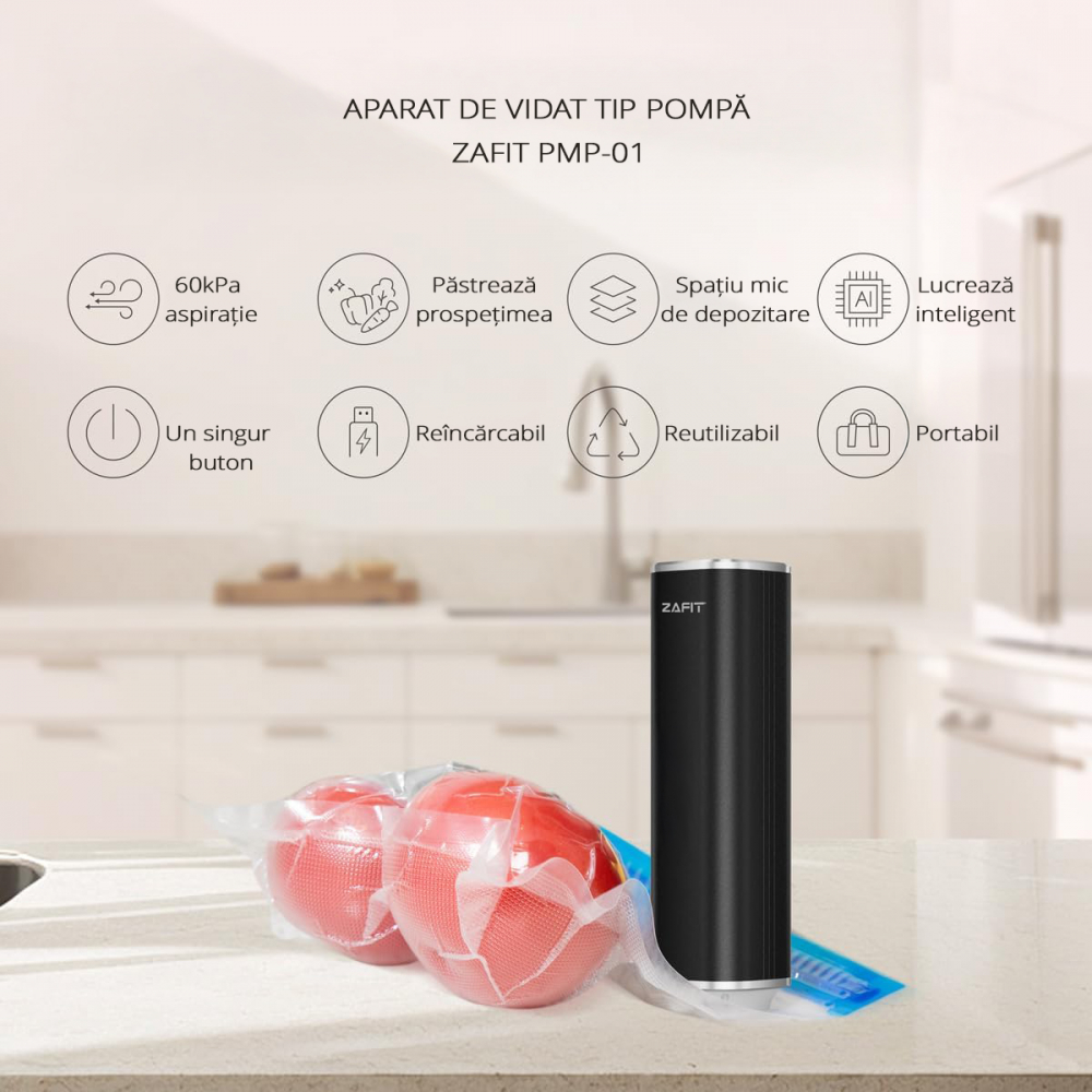 Aparat de vidat alimente ZAFIT™ PMP-01 aluminiu, 15 pungi de vidat incluse, Portabil, Tip pompa, Reincarcabil, Acumulator 800 mAh, Putere 5W, Debit 2.5l/min, cablu incarcare inclus, Negru [3]