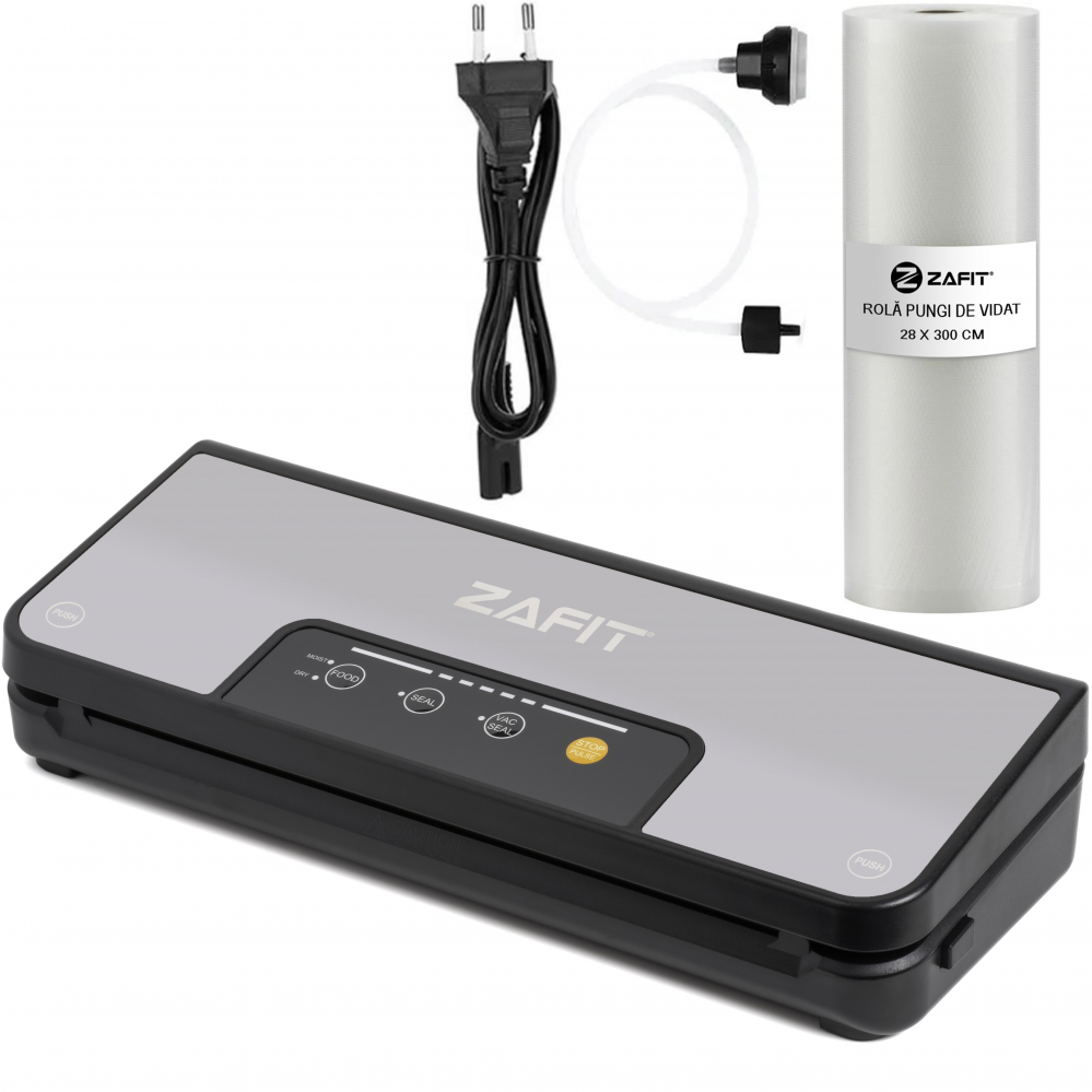 ZAFIT™ VID-110 PRO+ élelmiszervákuumozó készülék, 30 cm-es hegesztőszalaggal, 300 cm x 28 cm-es tekercsel, palackok és dobozok vákuumcsövével, fekete/inox [1]