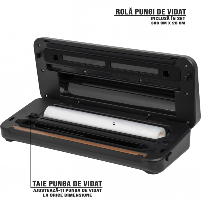 ZAFIT™ VID-110 PRO+ élelmiszervákuumozó készülék, 30 cm-es hegesztőszalaggal, 300 cm x 28 cm-es tekercsel, palackok és dobozok vákuumcsövével, fekete/inox [2]