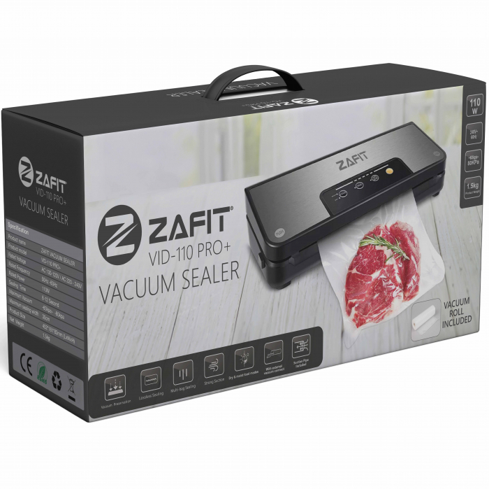 ZAFIT™ VID-110 PRO+ élelmiszervákuumozó készülék, 30 cm-es hegesztőszalaggal, 300 cm x 28 cm-es tekercsel, palackok és dobozok vákuumcsövével, fekete/inox [9]