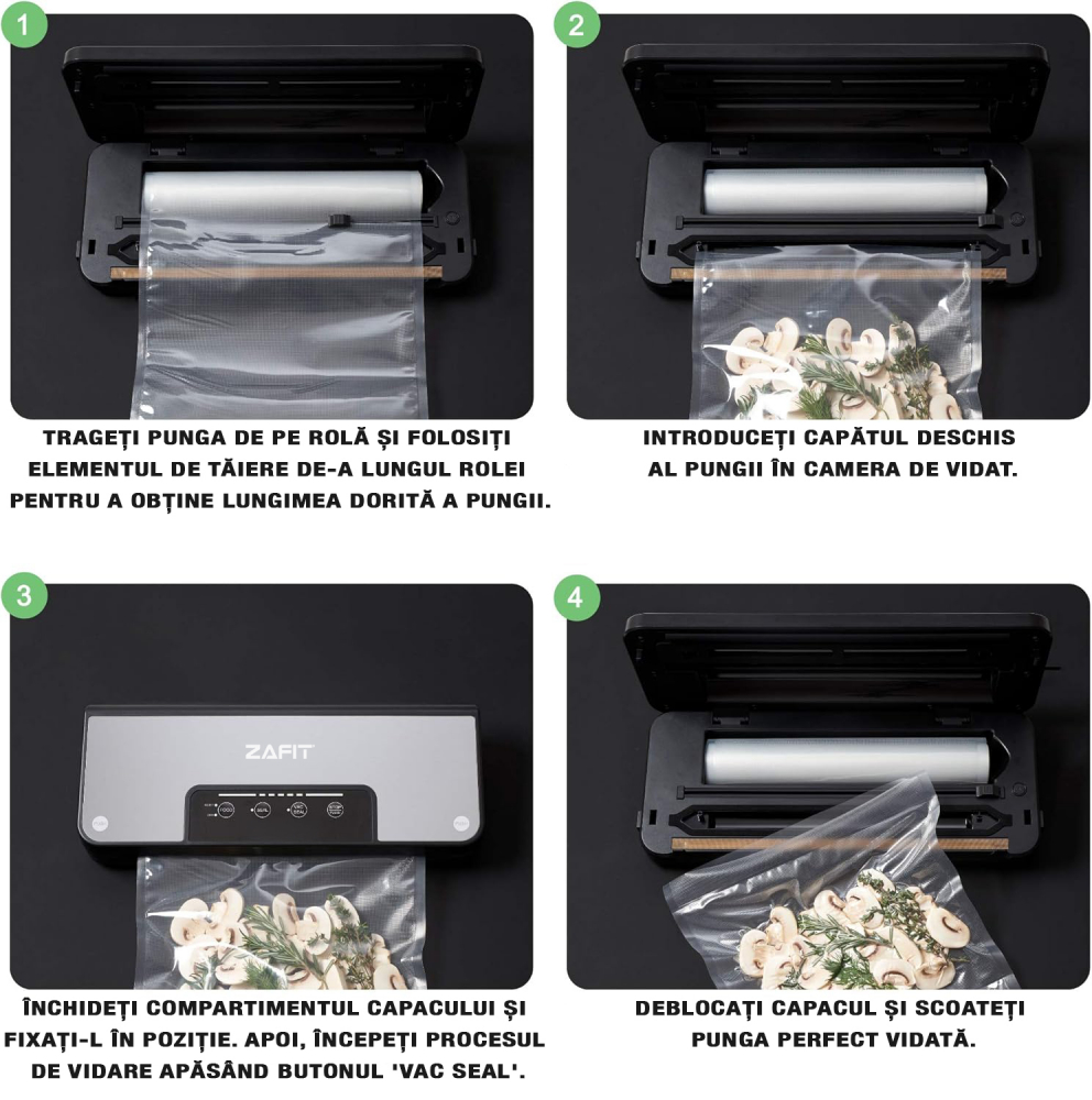 ZAFIT™ VID-110 PRO+ élelmiszervákuumozó készülék, 30 cm-es hegesztőszalaggal, 300 cm x 28 cm-es tekercsel, palackok és dobozok vákuumcsövével, fekete/inox [4]