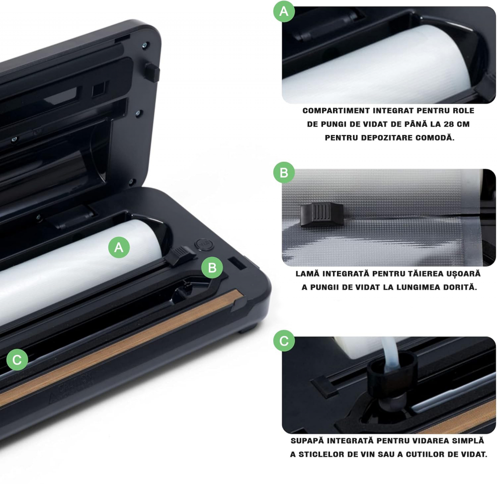 ZAFIT™ VID-110 PRO+ élelmiszervákuumozó készülék, 30 cm-es hegesztőszalaggal, 300 cm x 28 cm-es tekercsel, palackok és dobozok vákuumcsövével, fekete/inox [3]