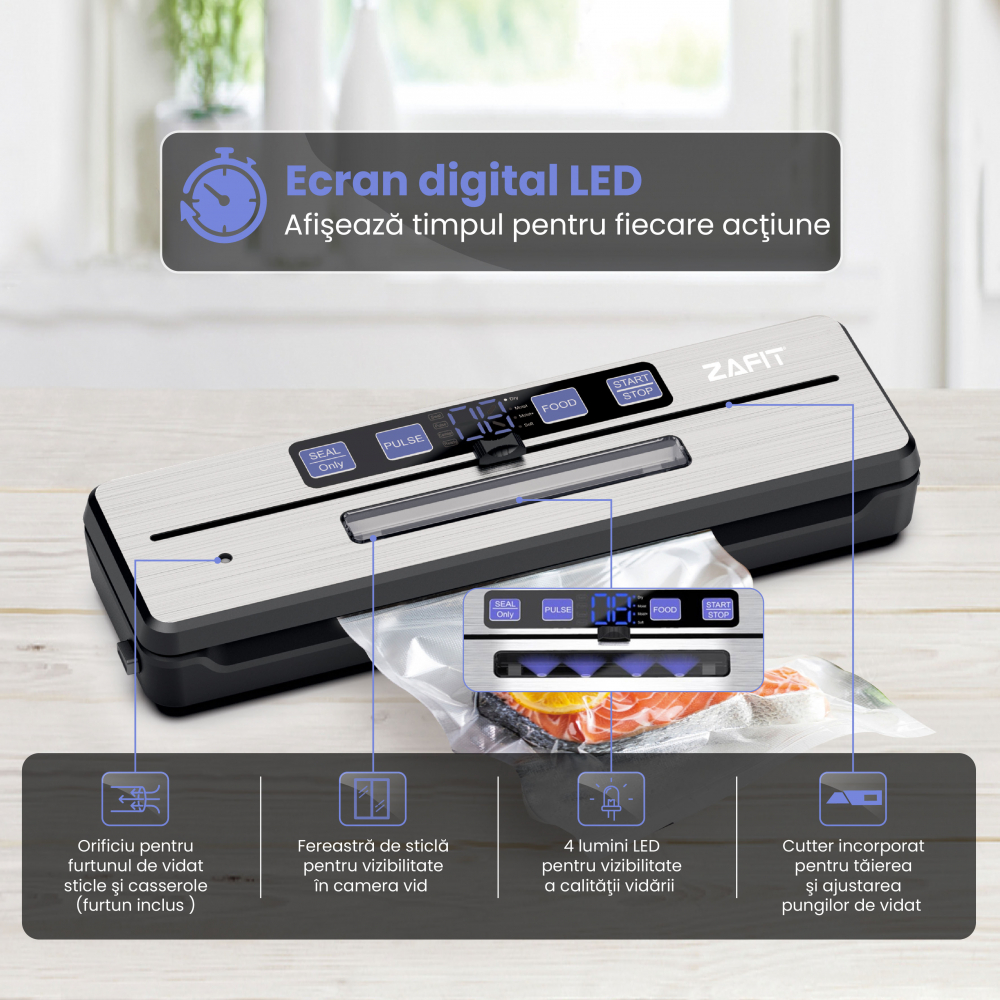 Aparat de vidat alimente ZAFIT™ VID-360 PRO+, Furtun vidare sticle si caserole, 30 cm bara de lipire, 5 pungi incluse, Negru/Inox [2]
