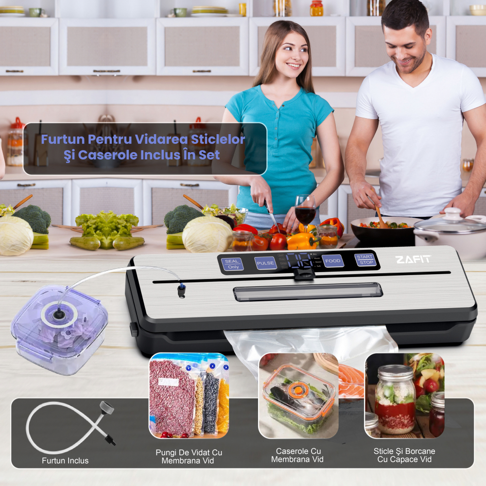 Aparat de vidat alimente ZAFIT™ VID-360 PRO+, Furtun vidare sticle si caserole, 30 cm bara de lipire, 5 pungi incluse, Negru/Inox [3]