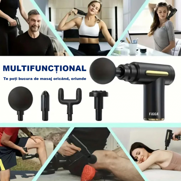 Massaggiatore Professionale FiGGA®, tipo pistola, batteria 2800mAh, 1800-3200 rpm, 4 teste, per collo, schiena, mani, gambe, anticellulite, motore silenzioso, colore nero. [5]