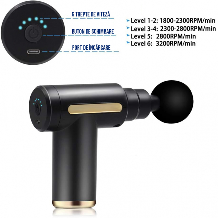 Massaggiatore Professionale FiGGA®, tipo pistola, batteria 2800mAh, 1800-3200 rpm, 4 teste, per collo, schiena, mani, gambe, anticellulite, motore silenzioso, colore nero. [4]