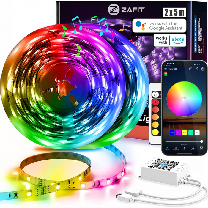 Striscia LED ZAFIT™ 10 metri, per interni IP20, 5050 RGB, Wi-Fi, app per smartphone, telecomando, modalità musica, timer, microfono, luminosità regolabile [1]