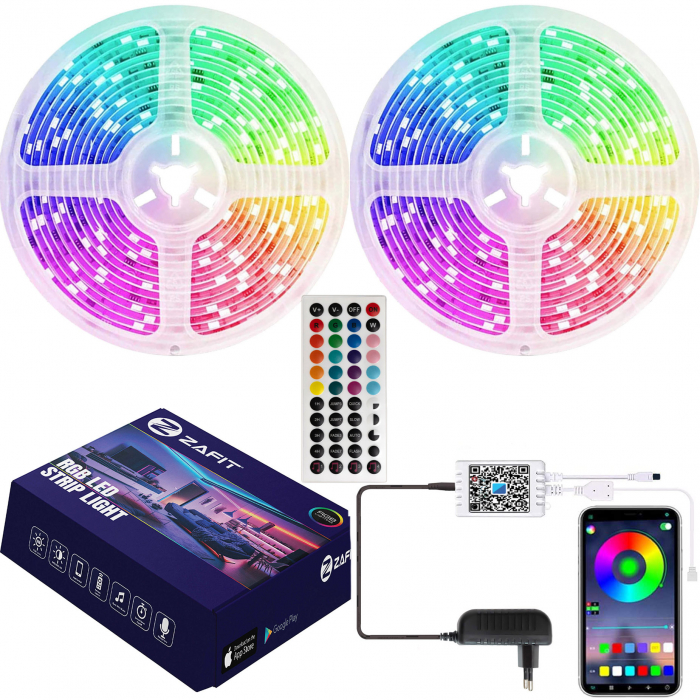 Striscia LED ZAFIT™ 20 metri, Bluetooth, app per telefono, telecomando, modalità musica, timer, microfono, intensità luce regolabile, interno, IP20, 5050 RGB, autoadesiva [1]