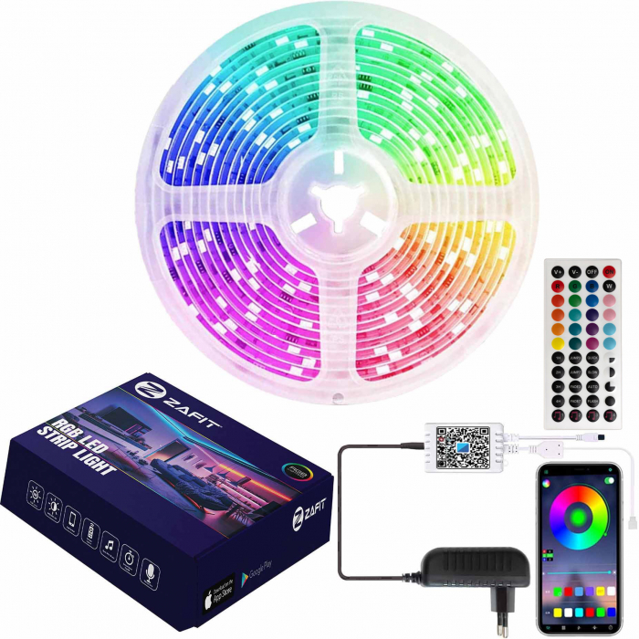 Banda LED ZAFIT™ 5 metri, Bluetooth, aplicatie telefon, telecomanda, mod muzica, timer, microfon, intensitate lumina reglabila, Interior, IP20, 5050 RGB, autoadeziva [1]
