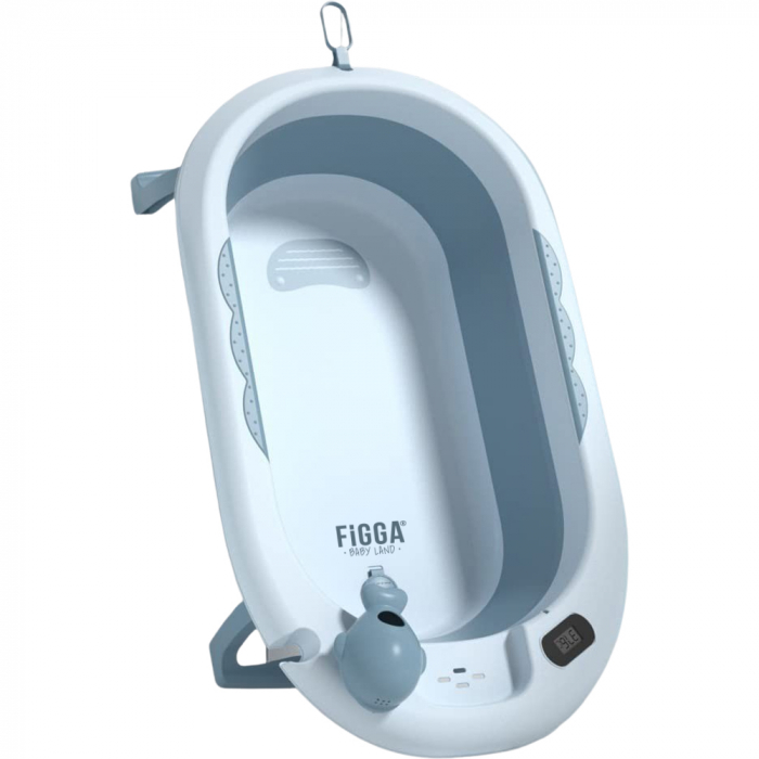 Vasca da bagno per bambini FiGGA®, 0–48 mesi, pieghevole, con termometro, piedini antiscivolo, tazza per risciacquo tipo giocattolo, supporto per soffione doccia, portsapone, blu [1]