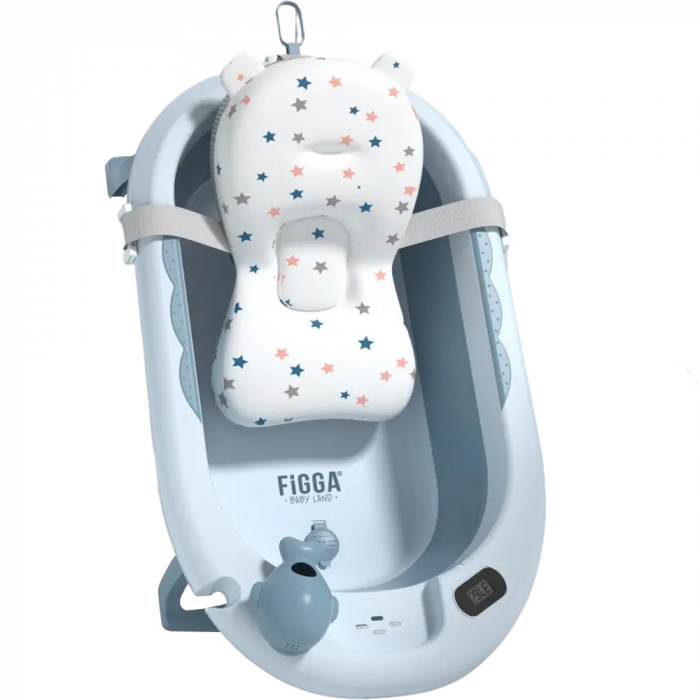 Vasca da bagno per bambini con supporto FiGGA®, 0–48 mesi, pieghevole, con termometro, piedini antiscivolo, tazza per risciacquo tipo giocattolo, supporto per soffione doccia, portasapone, blu [1]
