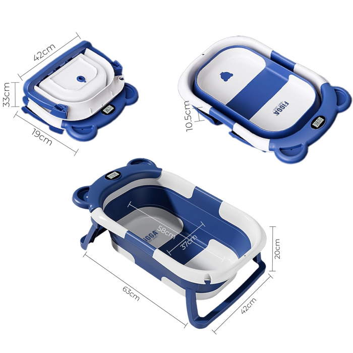 Cadita bebe cu suport FiGGA®, 0-48 luni, portabila, extra pliabila, termometru, picioare antiderapante, suport cap de dus, Albastru [7]