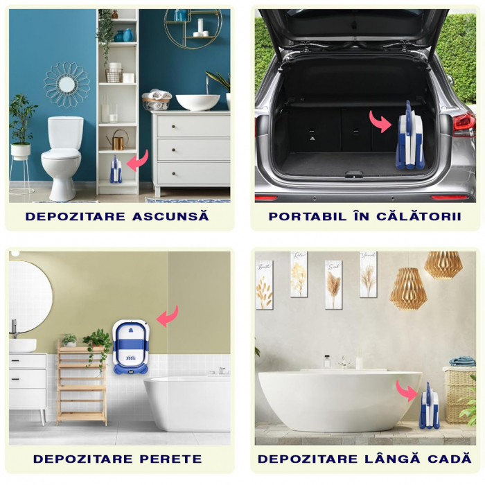 Cadita bebe cu suport FiGGA®, 0-48 luni, portabila, extra pliabila, termometru, picioare antiderapante, suport cap de dus, Albastru [8]