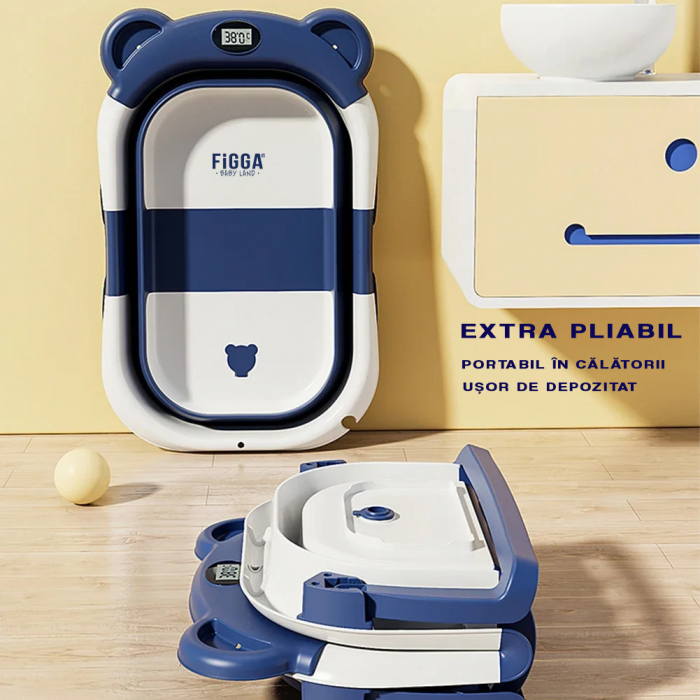Cadita bebe cu suport FiGGA®, 0-48 luni, portabila, extra pliabila, termometru, picioare antiderapante, suport cap de dus, Albastru [2]