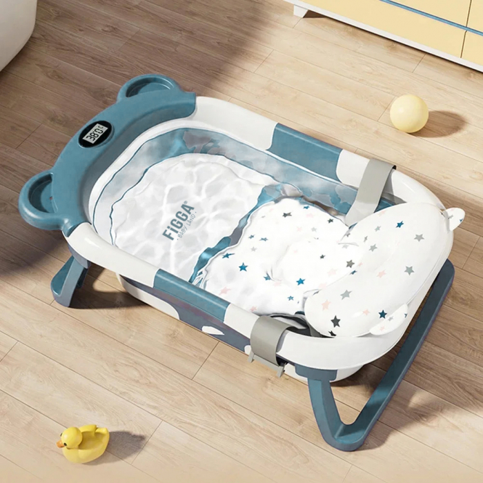 Cadita bebe cu suport FiGGA®, 0-48 luni, portabila, extra pliabila, termometru, picioare antiderapante, suport cap de dus, Verde [10]