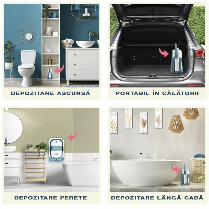 Cadita bebe cu suport FiGGA®, 0-48 luni, portabila, extra pliabila, termometru, picioare antiderapante, suport cap de dus, Verde [8]