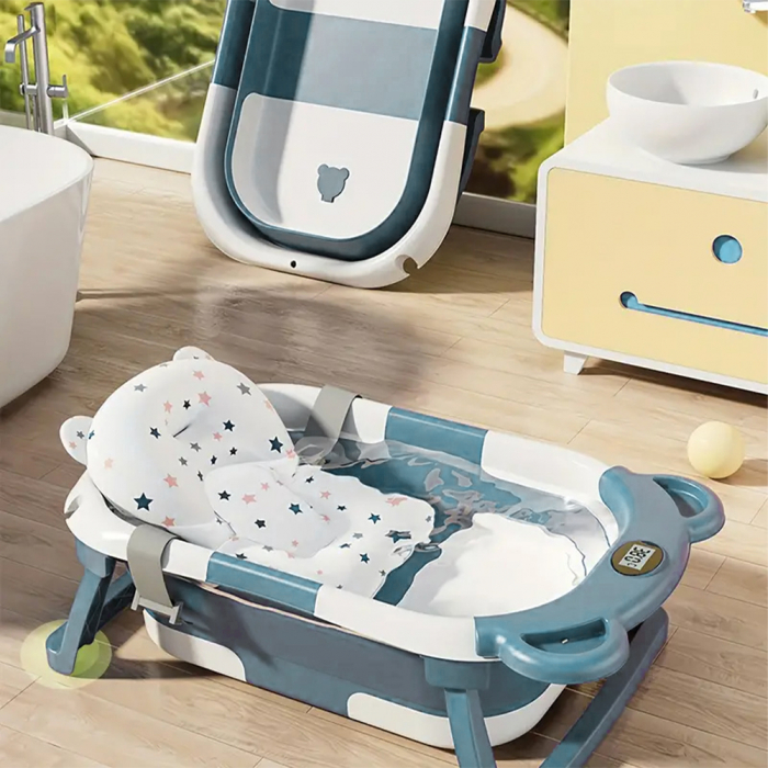 Cadita bebe cu suport FiGGA®, 0-48 luni, portabila, extra pliabila, termometru, picioare antiderapante, suport cap de dus, Verde [9]