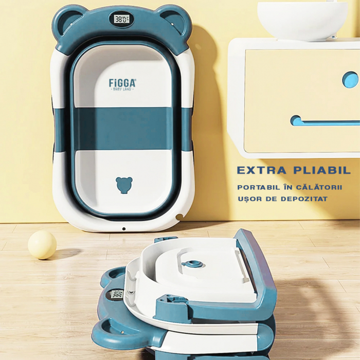 Cadita bebe cu suport FiGGA®, 0-48 luni, portabila, extra pliabila, termometru, picioare antiderapante, suport cap de dus, Verde [2]