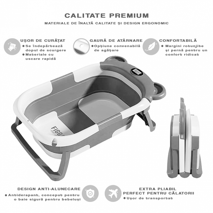 Cadita bebe cu suport FiGGA®, 0-48 luni, portabila, extra pliabila, termometru, picioare antiderapante, suport cap de dus, Gri [4]