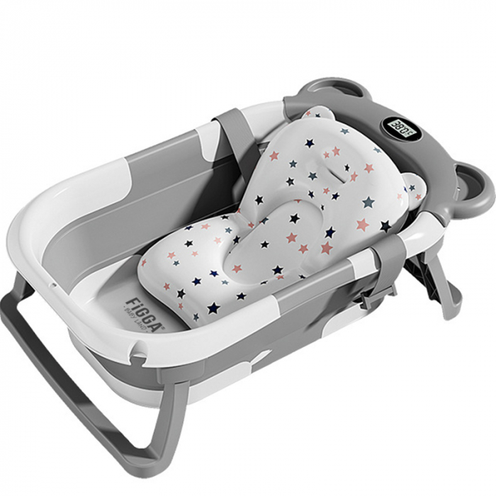 Cadita bebe cu suport FiGGA®, 0-48 luni, portabila, extra pliabila, termometru, picioare antiderapante, suport cap de dus, Gri [1]