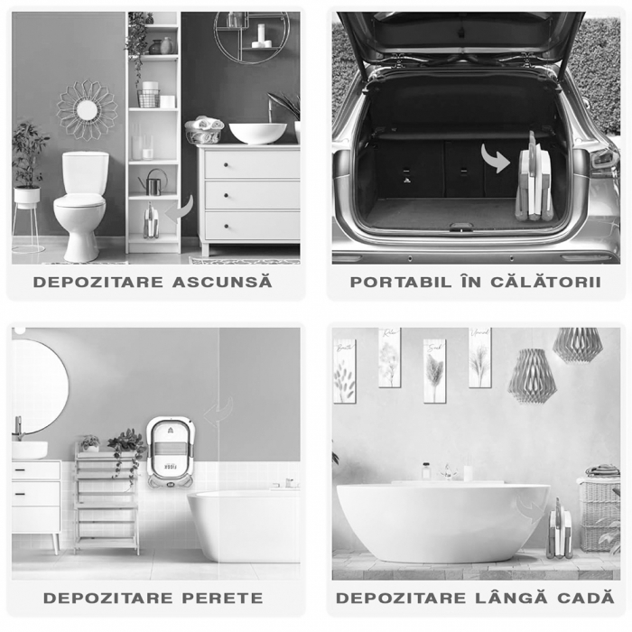 Cadita bebe cu suport FiGGA®, 0-48 luni, portabila, extra pliabila, termometru, picioare antiderapante, suport cap de dus, Gri [7]