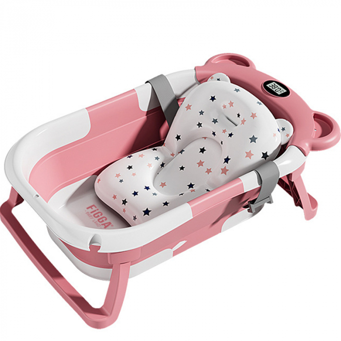 Cadita bebe cu suport FiGGA®, 0-48 luni, portabila, extra pliabila, termometru, picioare antiderapante, suport cap de dus, Roz [1]