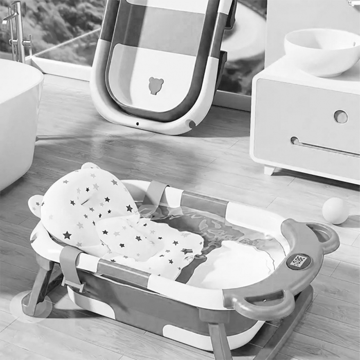 Cadita bebe cu suport FiGGA®, 0-48 luni, portabila, extra pliabila, termometru, picioare antiderapante, suport cap de dus, Gri [8]