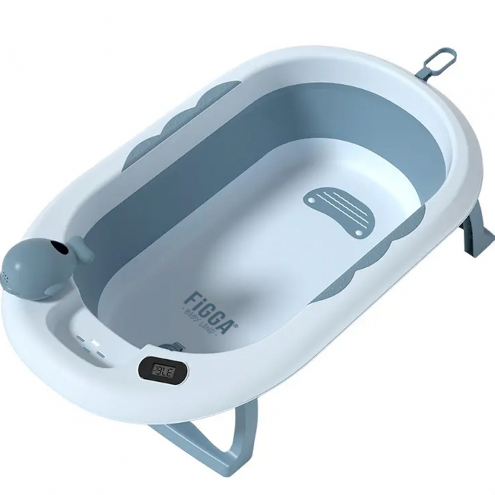 Vasca da bagno per bambini FiGGA®, 0–48 mesi, pieghevole, con termometro, piedini antiscivolo, tazza per risciacquo tipo giocattolo, supporto per soffione doccia, portsapone, blu [2]