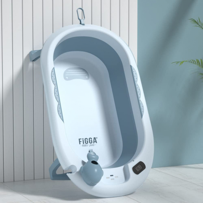 Vasca da bagno per bambini FiGGA®, 0–48 mesi, pieghevole, con termometro, piedini antiscivolo, tazza per risciacquo tipo giocattolo, supporto per soffione doccia, portsapone, blu [8]