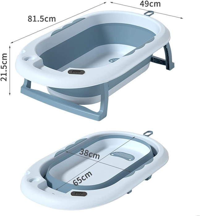 Vasca da bagno per bambini FiGGA®, 0–48 mesi, pieghevole, con termometro, piedini antiscivolo, tazza per risciacquo tipo giocattolo, supporto per soffione doccia, portsapone, blu [3]