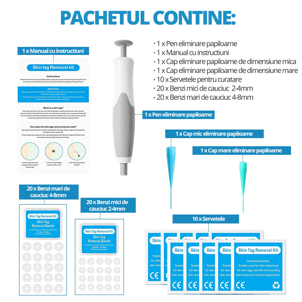 Dispositivo per Rimozione Papillomi ZAFIT®, Kit per Rimozione Skin Tag, per Viso, Collo, Corpo, Dimensioni 2-8 mm, 10 Salviette alcoliche, 40 Fasce elastiche, 2 Testine, Grigio [4]