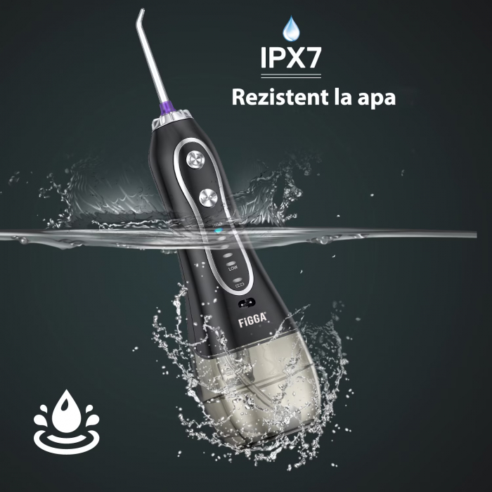 FiGGA® Oral-F101 szájzuhany, professzionális hordozható irrigátor, 8 fej, 2500 mAh akkumulátor, 5 sebesség, 300 ml tartály, IPX7 vízálló, túlmelegedés elleni védelem, tárolótáska, fekete [8]
