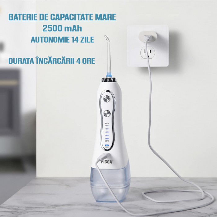 FiGGA® Oral-F101 szájzuhany, professzionális hordozható irrigátor, 8 fej, 2500 mAh akkumulátor, 5 sebesség, 300 ml tartály, IPX7 vízálló, túlmelegedés elleni védelem, tárolótáska, fehér [9]