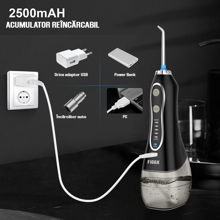 FiGGA® Oral-F101 szájzuhany, professzionális hordozható irrigátor, 8 fej, 2500 mAh akkumulátor, 5 sebesség, 300 ml tartály, IPX7 vízálló, túlmelegedés elleni védelem, tárolótáska, fekete [9]