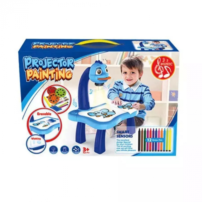 Giocattolo educativo tipo lavagna FiGGA® con tavolo da disegno con proiettore, ologramma, 3 dischi con 24 stencil, 12 pennarelli, modello Giraffa, Blu [7]