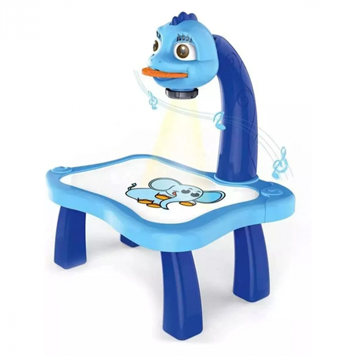 Giocattolo educativo tipo lavagna FiGGA® con tavolo da disegno con proiettore, ologramma, 3 dischi con 24 stencil, 12 pennarelli, modello Giraffa, Blu [2]