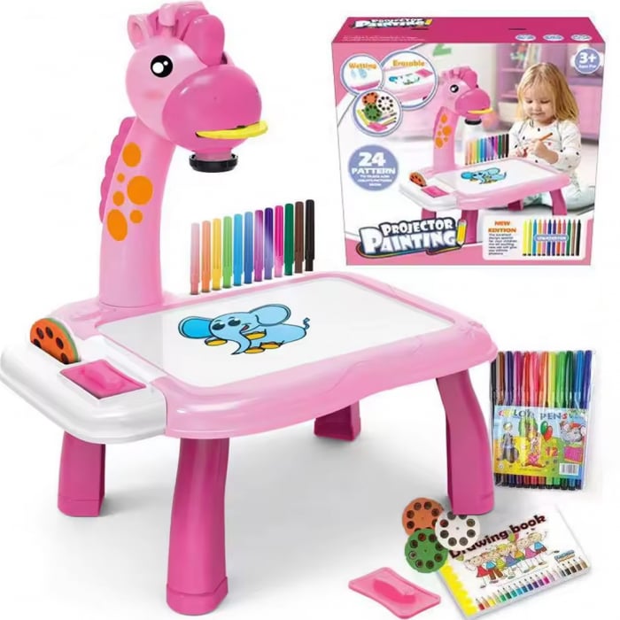 Jucarie educationala tip tabla FiGGA® cu masuta de desenat cu proiector, hologram, 3 discuri cu 24 sabloane, 12 carioci, model Girafa, Roz [1]