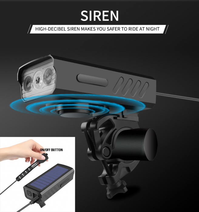 Lanterna bicicleta FiGGA® cu incarcare solara si cablu tip C, sirena, indicator baterie, lumini de atentionare, acumulator reincarcabil 2000 mAh, structura aliaj aluminiu, Negru [5]