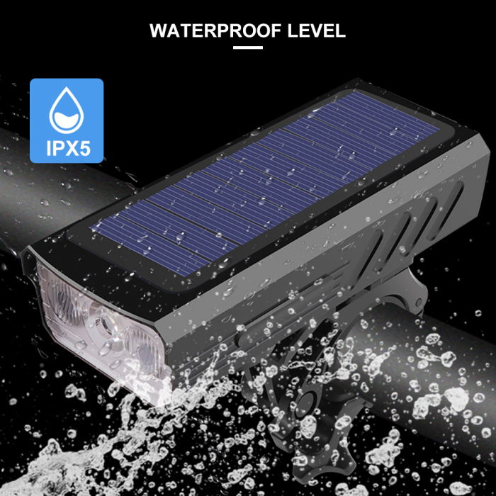 Lanterna bicicleta FiGGA® cu incarcare solara si cablu tip C, sirena, indicator baterie, lumini de atentionare, acumulator reincarcabil 2000 mAh, structura aliaj aluminiu, Negru [8]